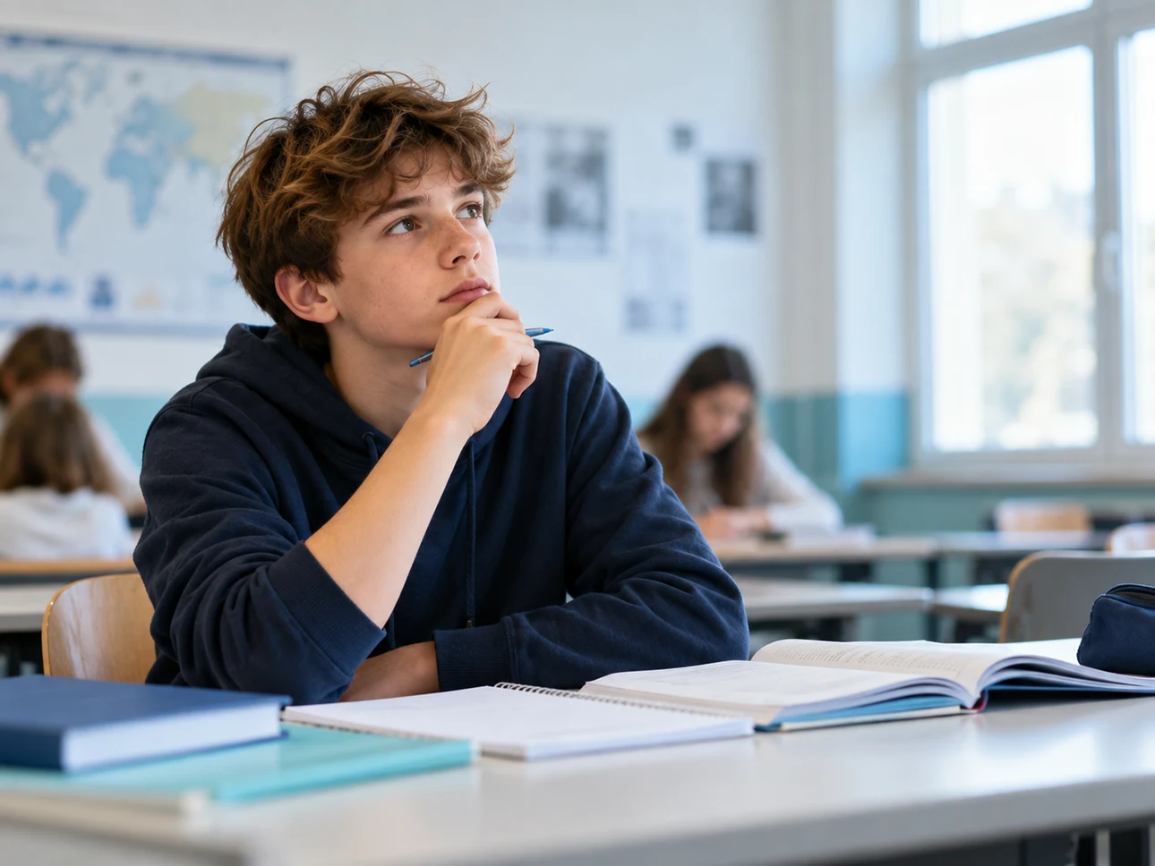 Studente adolescente che riflette durante una lezione di inglese